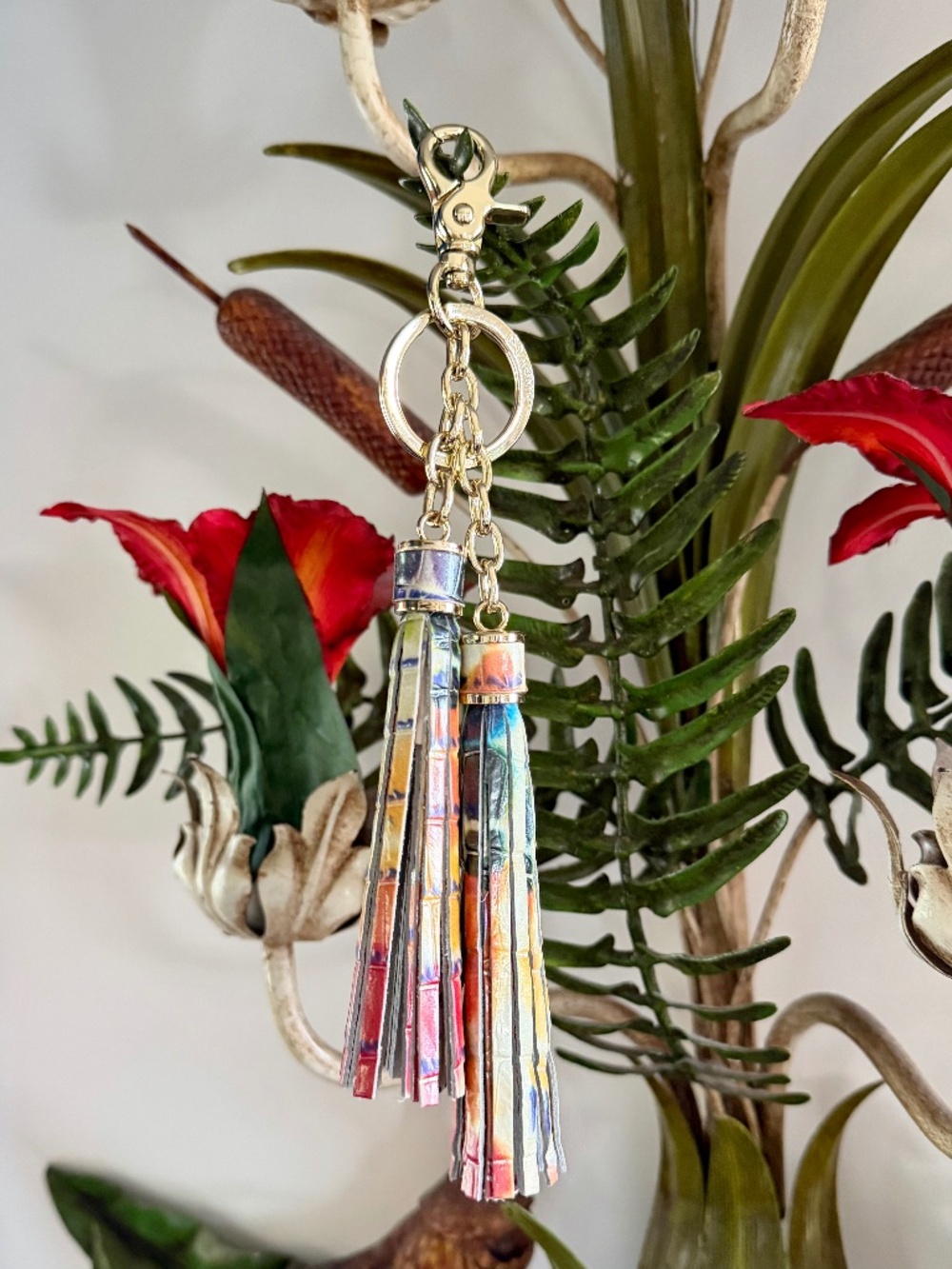 NWOT Custom Brahmin Celebrate Leather Double Tassel Repurposed Purse Charm Fob